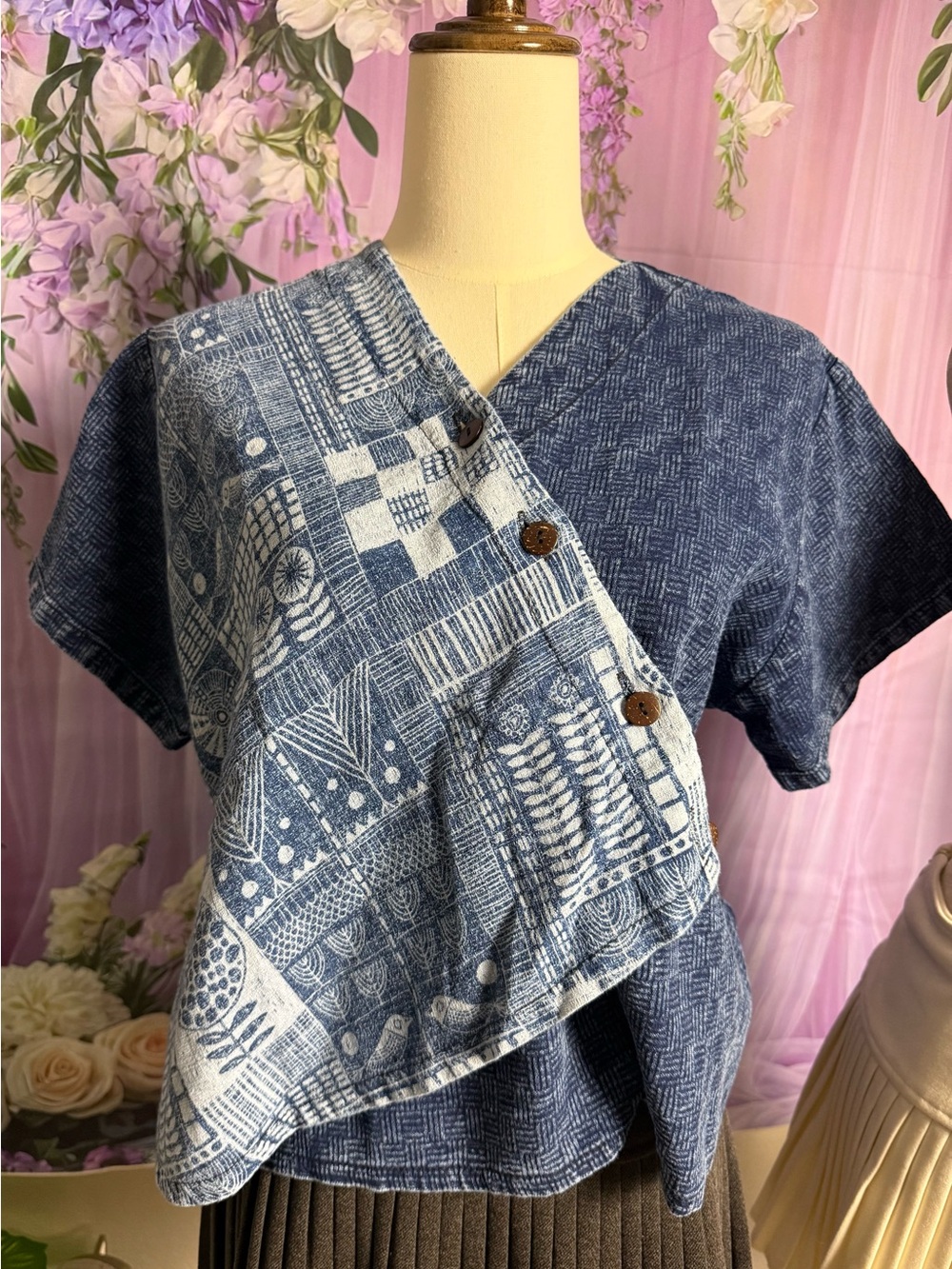 Indigo Patchwork Wrap-Front Women's Top